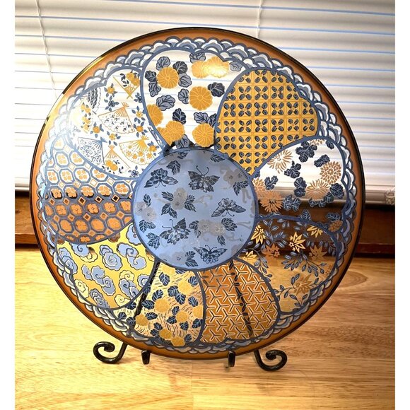 Large Glass Serving Plate w/ Blue Butterflies & Orange Flowers Asian Inspired - Picture 3 of 8